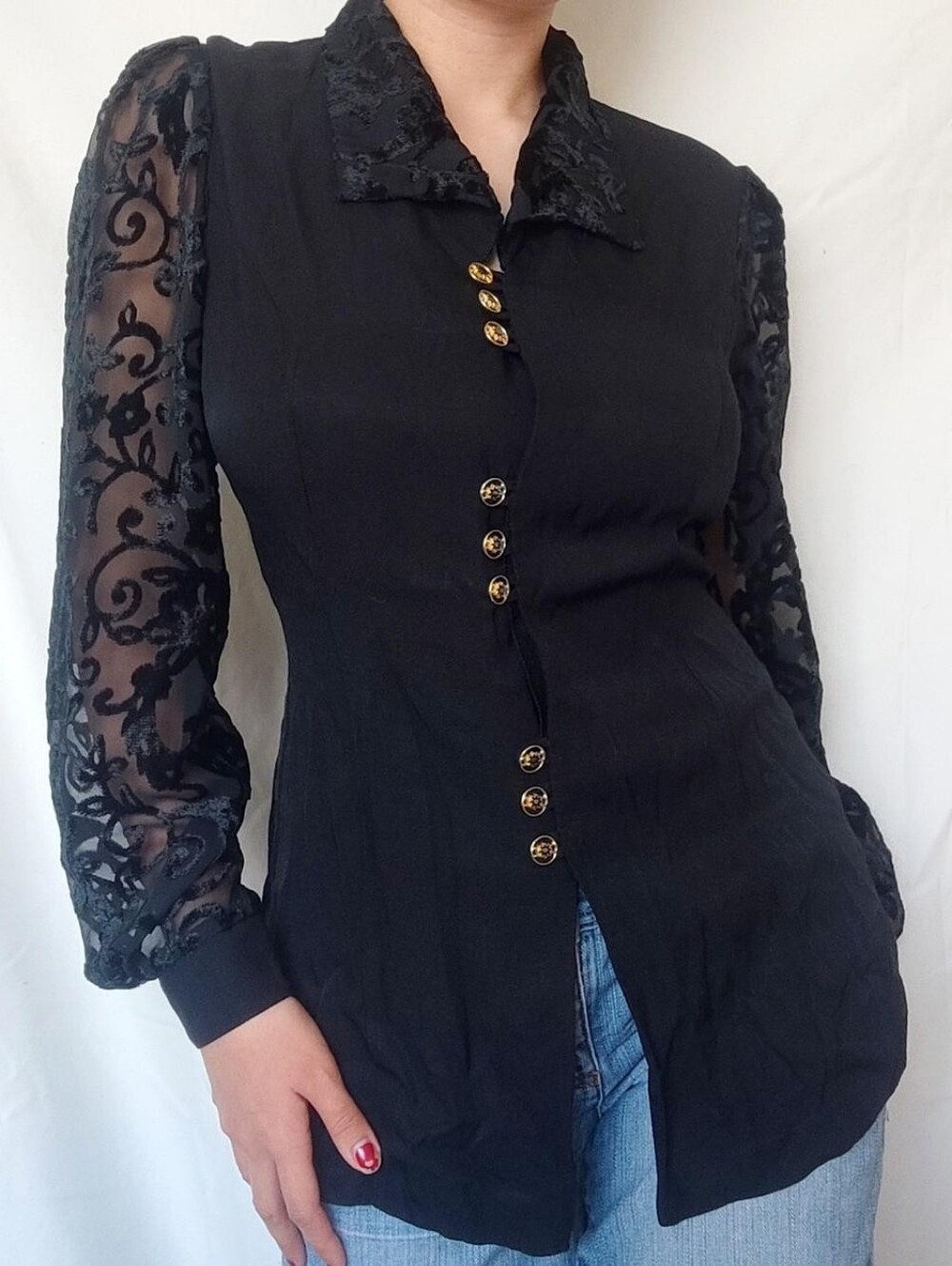 Marie Claire Black Lace Puff Sleeved Gothic Blouse